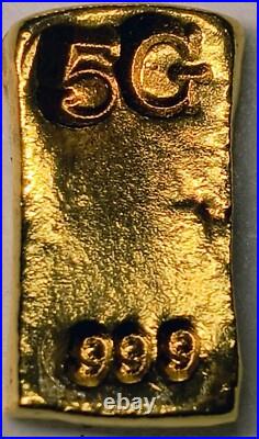5 Gram Solid 24ct Gold Bar 999.9 Pure Fine Bullion Poured Nugget Cast AU