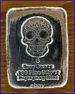5 Oz 999 Silver Bar Hayleybug Mint Sugar Skull Square Bar RETIRED HB
