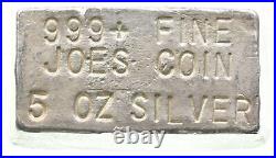 5 Oz Silver Bar Joes Coin Vintage Poured. 999 2731
