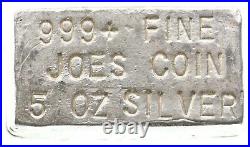 5 Oz Silver Bar Joes Coin Vintage Poured. 999 2733