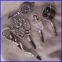 5 Solid SILVER Keys Incl. AWoman &Russian Eagle For Antique Watches PERFECT