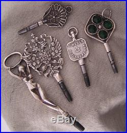 5 Solid SILVER Keys Incl. AWoman &Russian Eagle For Antique Watches PERFECT