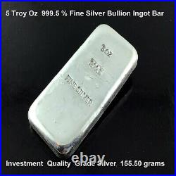 5 Troy Ounce Oz Fine Grade 999.5 Solid Silver Bullion Ingot Bar 155.50 grams