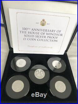 5 X Proof Solid Silver £1 Coins Collection 100th Year House Of Windsor COA