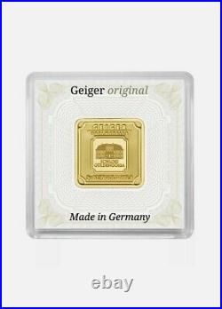 5 grams Geiger Original square. 999 fine gold bar in assay
