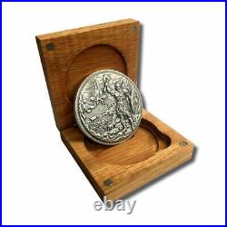 5 oz. Dragon vs. Viking. 999 Fine Silver Ultra High Relief In a Solid Oak Box