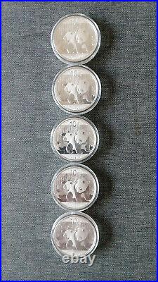 5 x 2010 1oz. 999 Chinese Panda Solid Pure Silver Coin Mint Condition In Capsule