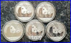 5 x 2011 1oz. 999 Chinese Panda Solid Pure Silver Coin Mint Condition In Capsule