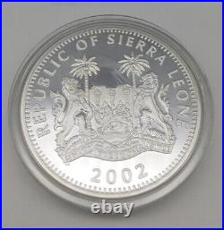 5oz SOLID SILVER PROOF BULLION COIN 50$ SIERRA LEONE, 2002, COA + BOX, RARE