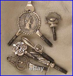 6 Vintage SOLID SILVER 0.800 Richly Engraved Keys PERFECT For Antique Watches