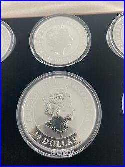 6 solid silver 10oz kookaburra Coins in presentation box, date run 2015-2020