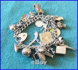 925 Solid Silver Curb Link Charm Bracelet With 30 Charms