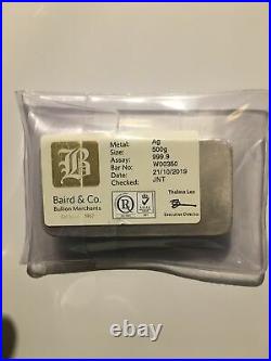 999.9 Solid Silver 500g Bar Investment Baird&co Assay No. (w00350) Fast&free