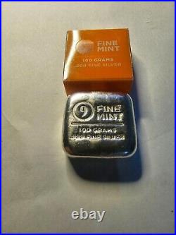 9 Fine Mint 100 Grams. 999 Fine Silver Square Bar Bullion with Plastic box pack