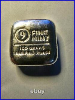 9 Fine Mint 100 Grams. 999 Fine Silver Square Bar Bullion with Plastic box pack