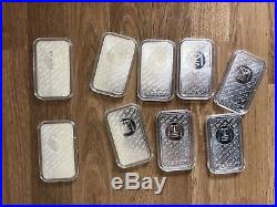 9 X 1 oz Pure Solid Silver. 999 Bars, Various Designs