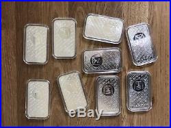 9 X 1oz Pure Solid Silver. 999 Bars, Various Designs