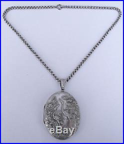 Antique Aesthetic Scene Solid Silver Locket And Silver 17 Inch Antique Chain