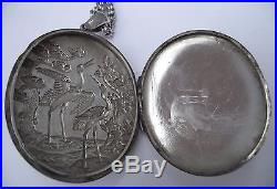 Antique Aesthetic Scene Solid Silver Locket And Silver 17 Inch Antique Chain