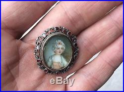 ANTIQUE FRENCH MINIATURE PORTRAIT SOLID SILVER RUBY HALLMARKED PIN BROOCH 19th C