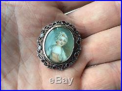 ANTIQUE FRENCH MINIATURE PORTRAIT SOLID SILVER RUBY HALLMARKED PIN BROOCH 19th C