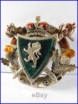 Antique Solid Silver Scottish Agate Pebble Brooch Heraldic Sheild Coat Of Arms