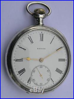 ANTIQUE ZENITH OPEN FACE SOLID SILVER 0.800 POCKET WATCH SWISS 1900's