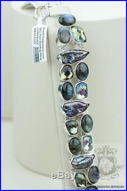 Abalone Pearl Faceted Labradorite Mystic Topaz 925 Solid Silver Bracelet