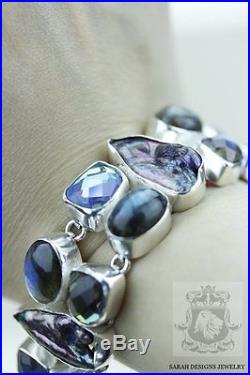 Abalone Pearl Faceted Labradorite Mystic Topaz 925 Solid Silver Bracelet