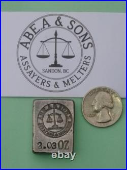 Abe. A & Sons 2.03oz silver bar with COA Sandon BC Canada Great charm and toning Abe. A & Sons 2.03oz silver bar with COA Sandon BC Canada Great charm and toning