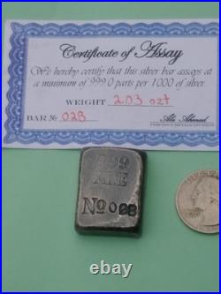 Abe. A & Sons 2.03oz silver bar with COA Sandon BC Canada Great charm and toning