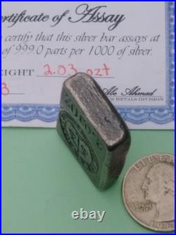 Abe. A & Sons 2.03oz silver bar with COA Sandon BC Canada Great charm and toning