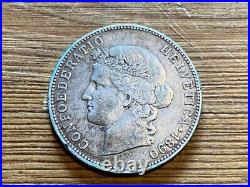 Antique 1890 solid silver 5 francs coin Helvetica Confoederatio Switzerland RARE