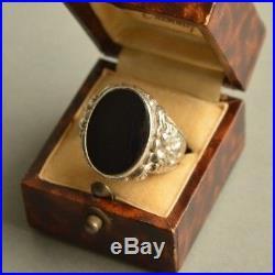 Antique Art Nouveau 835 Solid SILVER Black Onyx Signet Ring STUNNING Size T 1/2