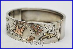 Antique FRENCH Solid Silver & Gold Overlay BIRDS, BUTTERFLY & FLOWERS BANGLE