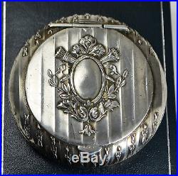 Antique FRENCH Solid Silver Mirrored Lid COMPACT Larger Size & Empty Cartouche