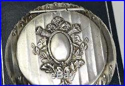 Antique FRENCH Solid Silver Mirrored Lid COMPACT Larger Size & Empty Cartouche