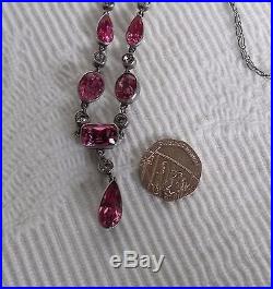 Antique Georgian Solid Silver Paste Pink Topaz & Diamond Drop Necklace C1800