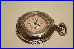 Antique Hand Carved Small Ladies Solid Silver 800 Swiss Pocket Watch/pink Dial