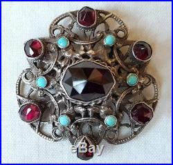 Antique Large Solid Silver Austro Hungarian Garnet Turquoise Brooch