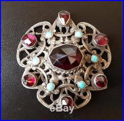 Antique Large Solid Silver Austro Hungarian Garnet Turquoise Brooch