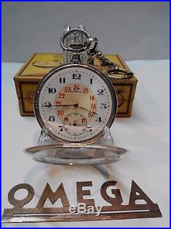 Antique Mens Pocket Watch Omega. 800 Solid Silver Open Face Box And Chain