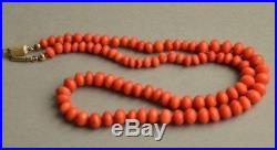 Antique Natural Mediterranean Coral Beads Necklace, 800 Solid Silver Clasp, 22 g