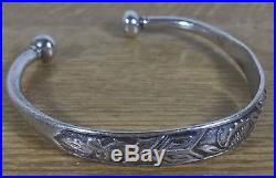 Antique Qing Chinese Signed Solid Silver Cuff Bangle Bracelet 34.5g Lotus Flower