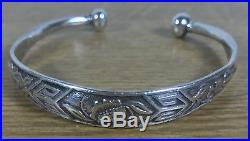 Antique Qing Chinese Signed Solid Silver Cuff Bangle Bracelet 34.5g Lotus Flower