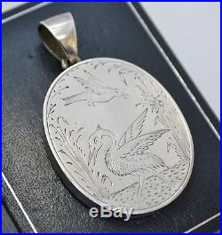 Antique SOLID SILVER Double Sided Day & Night Birds Heron Bug Aesthetic LOCKET