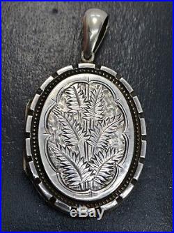 Antique SOLID SILVER Double Sided Day & Night Fern Leaves & Rose Engraved LOCKET