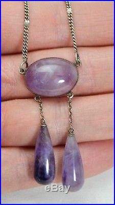 Antique SOLID SILVER & Natural CABOCHON AMETHYST Negligee Necklace with Drops