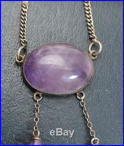 Antique SOLID SILVER & Natural CABOCHON AMETHYST Negligee Necklace with Drops