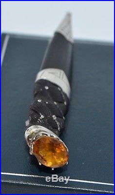 Antique SOLID SILVER Scottish DIRK Dagger Brooch / Pin Carved Ebony & Citrine